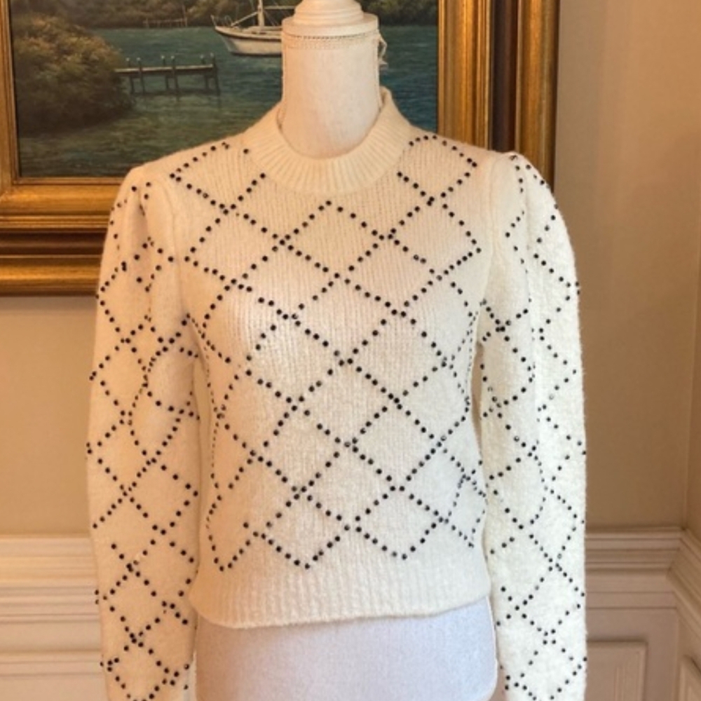 Zara Off White Crew Neck Sweater with Black Jewels/beads